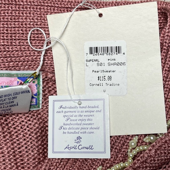 April Cornell Pearl Trim Sweater Dusty Rose Pink Open Cardigan Rayon Size Large - Picture 8 of 9